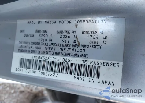 2009 Mazda Mazda3 I from USA, damaged, VIN JM1BK32F191210863
